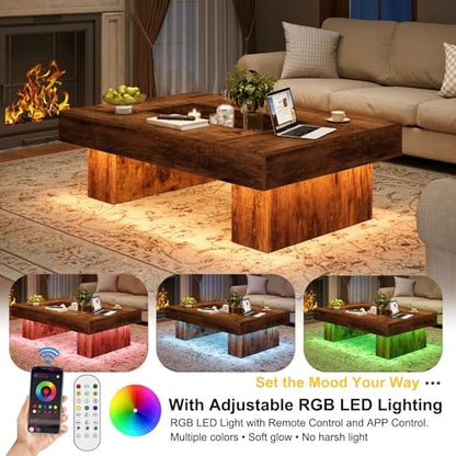LVB Rustic Coffee Table, Large Wood Living Room Table with Storage, Modern Long Rectangle Led Center Table, Farmhouse Unique Low Wide Tea Table with LED Light for Home Office, 47.24 in, Rustic Brown - color: Rustic Brown