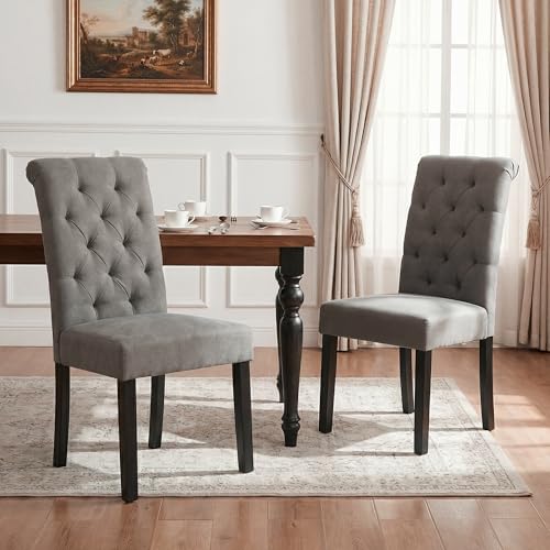 LSSBOUGHT Upholstered Dining Chairs Set of 2,Tufted Parsons Kitchen Chair with Solid Wood Legs, Modern Towel Fabric Side Chair for Dining Room/Restaurant(2pcs,Gray) - color: Gray-fabric, size: Set of 2