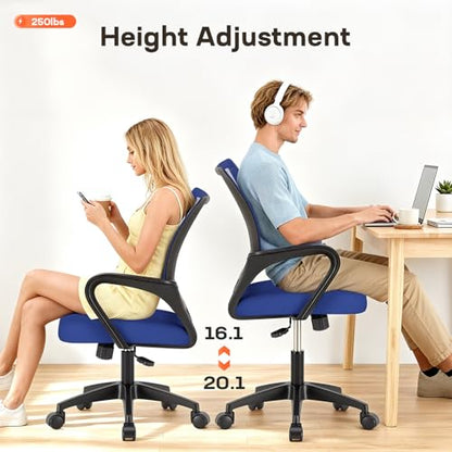BestOffice Ergonomic Office Chair | Mid-Back Swivel Desk Chair | Blue | with Lumbar Support, Adjustable Height & Breathable Backrest | Sponge Seat & Rolling Wheels | for Home, Office | Pack of 1 - color: Blue, style: pack of 1