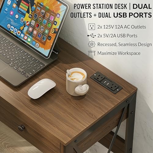Manora Rustic Brown Computer Desk with Power Outlets & USB Ports, 31.5 Inch Small Writing Desk with 2 Drawers, Industrial Home Office Desk with Metal Frame for Bedroom, Apartment & Small Spaces - color: Rustic Brown