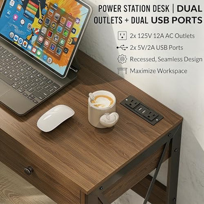 Manora Rustic Brown Computer Desk with Power Outlets & USB Ports, 31.5 Inch Small Writing Desk with 2 Drawers, Industrial Home Office Desk with Metal Frame for Bedroom, Apartment & Small Spaces - color: Rustic Brown