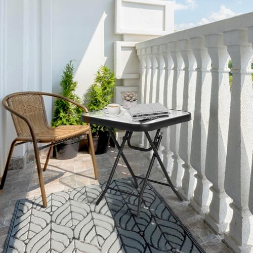 Folding Outdoor Side Table -Patio End Bistro Tables Portable Small 17.5" Square Tempered Glass Top Waterproof Dining Coffee Metal Black - color: Transparent-square