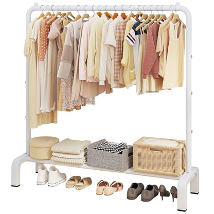 Metal Clothing Rack, 43.3 Inches Clothes Garment Coat Rack with Bottom Shelf for Hanging Skirts, Shirts, Sweaters, White | Metal 43.3 Inches Garment Rack Clothing Clothes Rack with Bottom Shelf for Hanging Clothes Coats Skirts Shirts Sweaters White - colo
