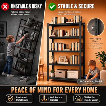 Modern Metal Book Shelf, Heavy Duty Black Bookshelf, Bolt-Free Deep Bookcase for CDs Movies Garage Kit, Adjustable Bookshelf in Living Room, Bedroom, Kitchen, Office, 32" W x14 D x32 H - size: 3-Tier 32"W x14"D x32"H