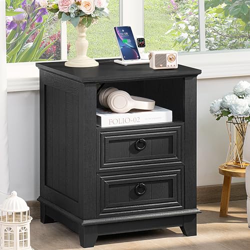 Joaxswe 18" Farmhouse Night Stand with Charging Station, 2 Drawers End Table Dresser for Bedroom, Black Wooden Nightstand, Bed Side Table with Open Shelf, Bedside Cabinet for Living Room, Closet - color: Black Set 1, size: 2 Drawers