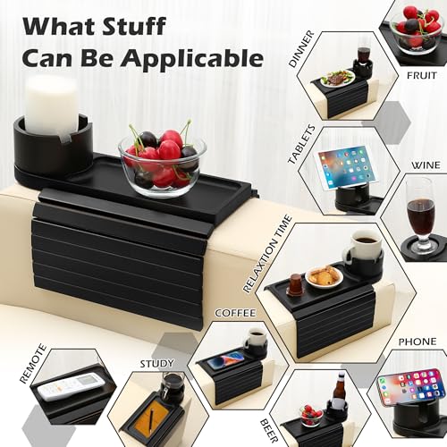 Couch Cup Holder Tray, 15.75" Bamboo Cup Holder for Couch, 3 in 1 Foldable Arm Chair Clip on Side Tray Table for Remote Snack Table on Armrest - color: Black