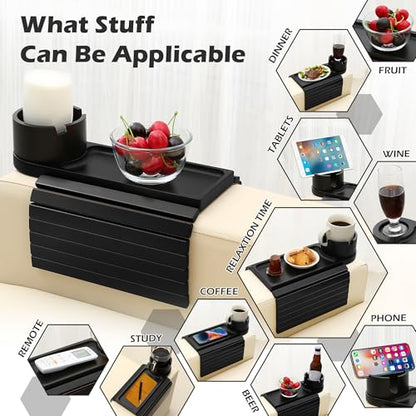 Couch Cup Holder Tray, 15.75" Bamboo Cup Holder for Couch, 3 in 1 Foldable Arm Chair Clip on Side Tray Table for Remote Snack Table on Armrest - color: Black