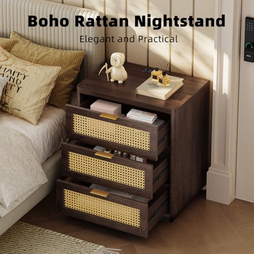 Kalrin Rattan Nightstand, Bedside Table - Larger Night Stand with Charging Station, 3 Drawers Storage, Boho Night Stands End Table for Bedroom Office - Deep Brown - color: Deep Brown