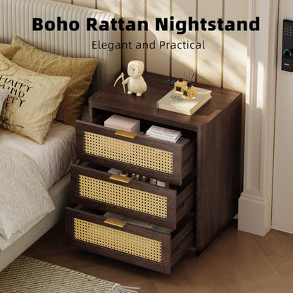 Kalrin Rattan Nightstand, Bedside Table - Larger Night Stand with Charging Station, 3 Drawers Storage, Boho Night Stands End Table for Bedroom Office - Deep Brown - color: Deep Brown