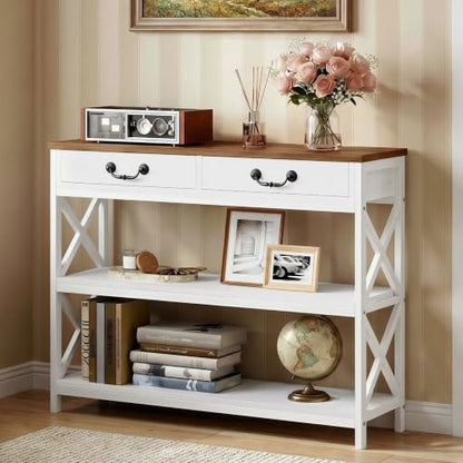 IRONCK 39.4" Farmhouse Console Table with Storage, Narrow Entryway Table with 2 Drawers & 2 Shelves, Industrial Wood Sofa Table for Living Room/Hallway, White/Walnut - size: 39.4inch