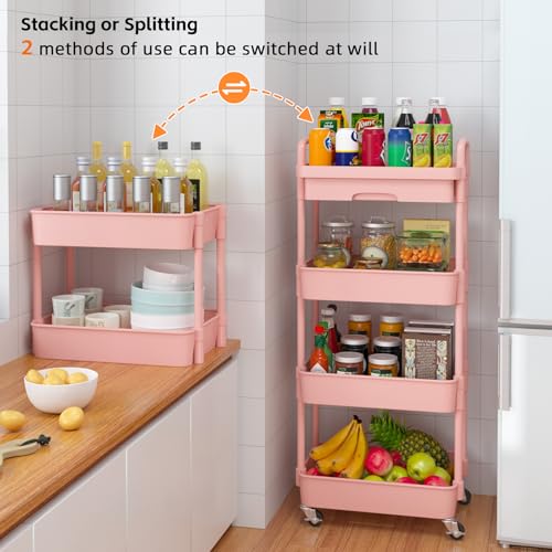 Calmootey 4-Tier Rolling Utility Cart with Drawer,Multifunctional Storage Organizer with Plastic Shelf & Metal Wheel,Storage Cart for Kitchen,Bathroom,Living Room,Office,Pink | Space-Saving Organizer, Sturdy Plastic Shelves, Smooth-Rolling Metal Wheels, B