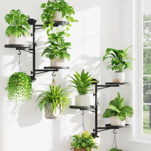iDavosic.ly Wall Plant Holder Set of 2, Rotating Window Shelf, 3-Tier Black | Metal Flower Hanger Display Stand with 4 Hooks, Space Saving Corner Mounted Planters Rack for Living Room Office Modern Decor - color: Deep Black, size: 2 Pack