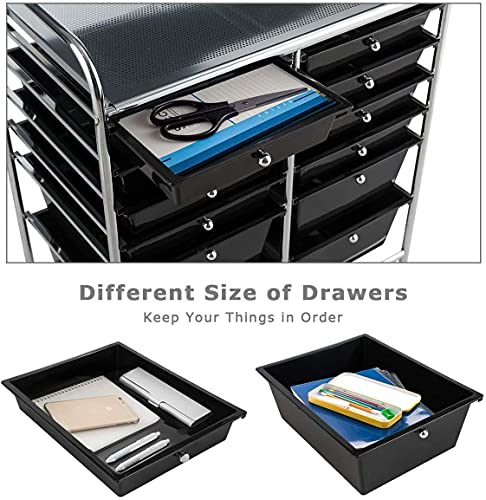 FANTASK 12-Drawer Rolling Storage Cart, Multipurpose Organizer Utility Trolley on Wheels, Tools Scrapbook Paper Organizer for School, Office, Home, Beauty Salon (Black)