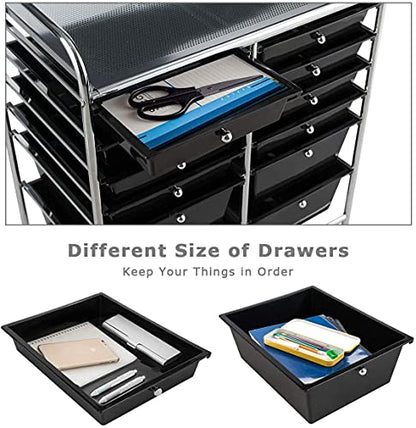 FANTASK 12-Drawer Rolling Storage Cart, Multipurpose Organizer Utility Trolley on Wheels, Tools Scrapbook Paper Organizer for School, Office, Home, Beauty Salon (Black)
