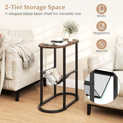 Giantex Oval Narrow Side Table, Set of 2 Small End Table with Magazine Rack Sling Holder Pouch, Industrial Nightstand, Bedside Tables for Living Room Bedroom Couch Small Spaces, Rustic Brown & Black - color: Rustic Brown & Black