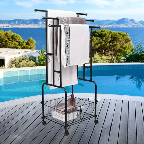 42" Tall Bathroom Towel Rack, Standing Towel Racks, 3 Tier Towel Holder with Storage Basket & 4 Hooks, Indoor Outdoor Freestanding Towel Racks with Anti-Skid Wheels, Pool Towel Blanket Stand