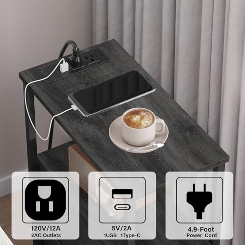 TUTOTAK Small Narrow LED End Table with Charging Station, Side Table Outlets, Nightstand with 2 Cloth Drawers, Set of 2, Couch Table, for Living Room, Bedroom, Bedside, Charcoal Grey TB01BY056 - color: Charcoal Grey, style: 2 Drawers with Plug & Light