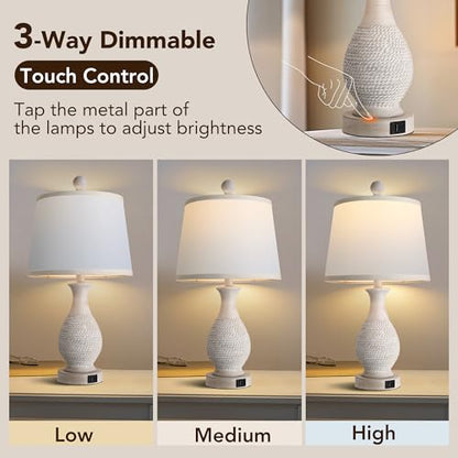 PARTPHONER Traditional Table Lamps Set of 2, Bedside Touch Lamp with USB C+A Charging Ports, Rustic Farmhouse Table Lamps for Living Room Bedroom, Side Table Lamp with White Fabric Shade, Antique Grey - size: Grey 22.6" Touch Lamp