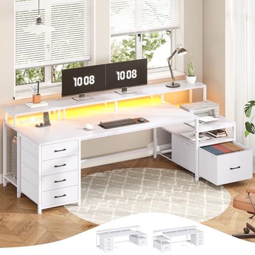 SEDETA White Computer Desk with 5 Drawer & Power Outlet, 75'' Home Office Desk with File Drawer, Storage Shelves, Printer Cabinet and Monitor Shelf, Gaming Desk with Led Lights, 23.6" W Desktop - color: White, size: 75X23.6inch
