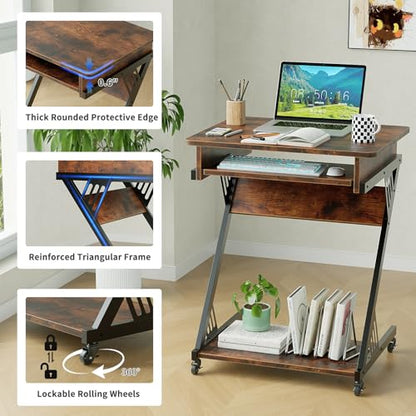 ALISENED Computer Desk for Small Spaces, 23.6" Z-Shaped Compact Study Table with Smooth Keyboard Tray with Wheels and Bottom Shelves for Home Office, Computer Cart Mobile Laptop Cart, Rustic Brown - color: Brown