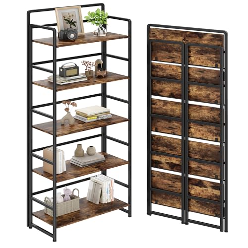 Folding Bookshelf 5 Tiers,No Assembly,Vintage Wood Storage,Rustic Brown | 65.7''H Vintage Wood Collapsible Portable Bookcase,Foldable Storage Rack,Organizer for Living Room, Bedroom, Home Office - color: Rustic Brown, size: 5-tier