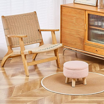 Wimarsbon Storage Ottoman, Modern Round Footrest with Soft Padded Seat, Teddy Velvet Footstool with Wood Legs, Accent Small Table or Plant Stand for Hallway, Living Room (Pink) - color: Pink