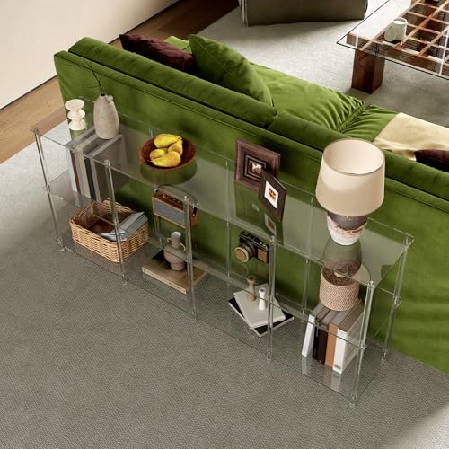 Acrylic Long Bookshelf, Low Horizontal Bookcase with 8 Cube Storage, 3-Tier, Modern Clear Open Book Shelf for Living Room, Office,Bedroom, 11.8''D x 62.2''W x 26.6''H