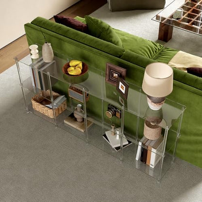 Acrylic Long Bookshelf, Low Horizontal Bookcase with 8 Cube Storage, 3-Tier, Modern Clear Open Book Shelf for Living Room, Office,Bedroom, 11.8''D x 62.2''W x 26.6''H