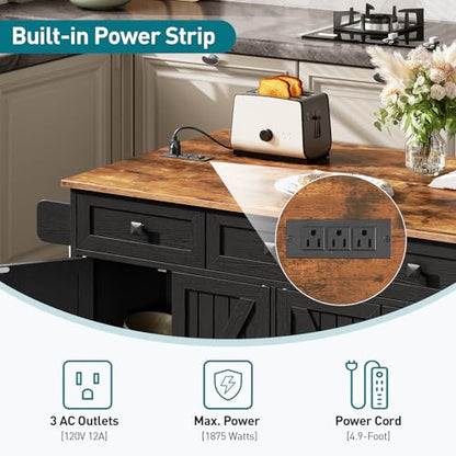 RALGEND Kitchen Island with Drop Leaf & Power Outlet, Rolling Kitchen Island Cart On Wheels, Barn Door Kitchen Island Table with Storage, Island Table for Kitchen, Black and Rustic Brown - color: Black + Rustic Brown