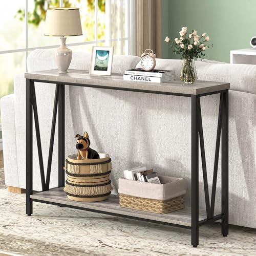 FOLUBAN Industrial Sofa Console Table, Rustic Wood and Metal Entryway Hallway Table for Living Room Entrance, 43.3 Inch Light Grey - color: Light Grey