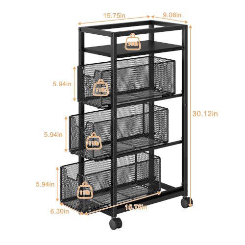 4 Tier Kitchen Rolling Cart, Kitchen Storage Cart with Wheels, Adjust Pantry Organizer and Storage Cart with Drawer, Fruit Vegetable Spice Storage Cart, Wooden Top Metal Kitchen Organizer Rack Stand - size: Small 4 Tier Black
