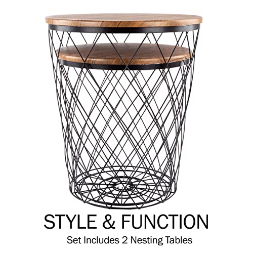 Lavish Home End Tables - Round Nesting Tables Set of 2, Brown Woodgrain | 17.5”/15.5” Side Tables with Removable Wood Tops & Metal Basket Bases for Blanket Storage, Living Room, Bedroom & Home Office - color: Black Diamond