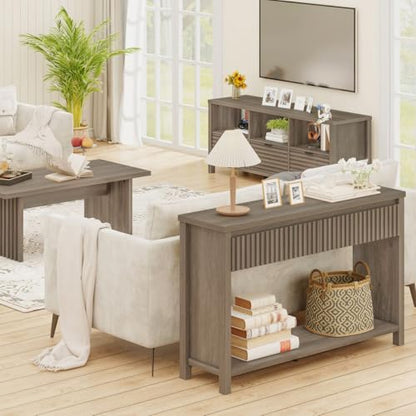 BON AUGURE Console Table with Storage, 47In Entryway Table with Drawers, Grey Couch Tables Behind Sofa, Narrow Sofa Tables with 2-Tier Shelf for Living Room, Hallway, Front Door, Greige Oak - color: Greige Oak