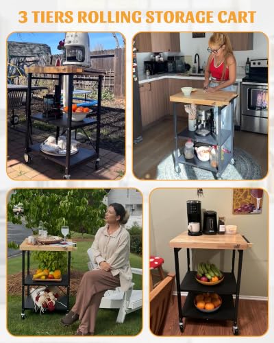 Mythinglogic Foldable Kitchen Storage Cart, 3-Tier Rolling Cart with Solid Oak Top, Heavy-Duty Metal Utility Rack for Microwave, Pots, Dish Set, Meal Prep Area, Kitchen Island on Lockable Wheels - size: 25.39"D x 19.6"W x 35.82"H