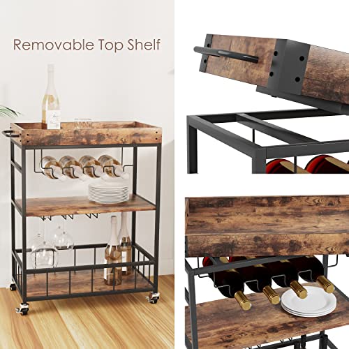 Bar Cart Serving Wine 3 Tier Home Rolling Rack with Wheels Mobile Kitchen Industrial Vintage Style Wood Metal Serving Trolley Serving Cart,Glass Holder Bar Cabinet - size: Rustic Brown, style: Standard