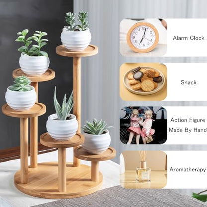 OLizee® 5 Tier Wood Plant Riser Stand Tabletop Tiered Plant Pot Holder Stand Bamboo Succulent Plant Stand Plant Pot Riser Stand Plant Display Holder for Desktop Decor