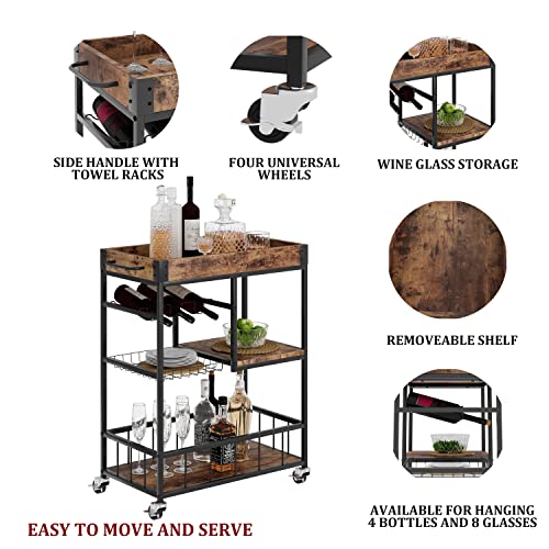 Bar Cart with Basket 3 Tiers Home Rolling Wine Rack with Wheels Mobile Kitchen Industrial Vintage Style Wood Metal Serving Trolley Serving Cart,Glass Holder Bar Cabinet - size: Rustic Brown, style: With Basket
