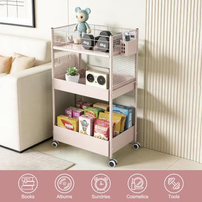 3 Tier Rolling Storage Cart Metal Utility Cart with Wheels | Office Organizer with Hooks & Hanging Cups, Mobile Shelving Unit for Kitchen Nursery Craft Snack Book - color: Blush Pink