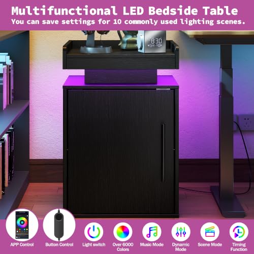 Baoz Black Nightstand Set of 2 with Door, 24" Tall Led Modern Bedside Table | Wood Night Stand with Side Open Shelf & Adjustable Shelf for Bedroom, Smart Lights with RGB Colors