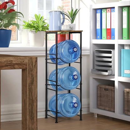 OYEAL 5 Gallon Water Bottle Jug Holder 3-Tier Water Bottle Holder Organizer with Top Shelf, Heavy Duty Water Dispenser Stand Rack for Kitchen Living Room Office, Rustic Brown - style: Round Tube Brown