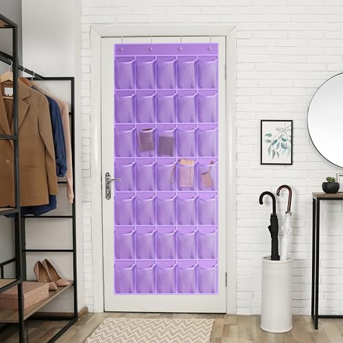 WVM Over the Door Shoe Organizer with 35 Breathable Mesh Pockets, Hanging Shoe Organizer for Door with 4 Metal Hooks, Large Capacity Closet Storage for Shoes, Accessories - style: Purple