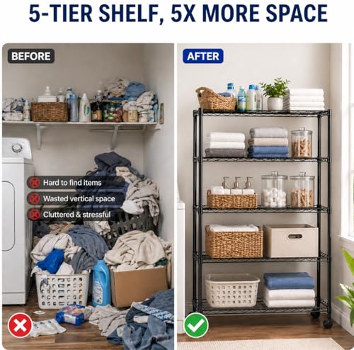 Simple Deluxe 5-Tier Heavy Duty Storage Shelving Unit, 1250 Lbs Loading Capacity, 29.92" W x 13.98" D x 61.02" H, Black - size: 5-Tier, 29.92"W x 13.98"D x 61.02"H