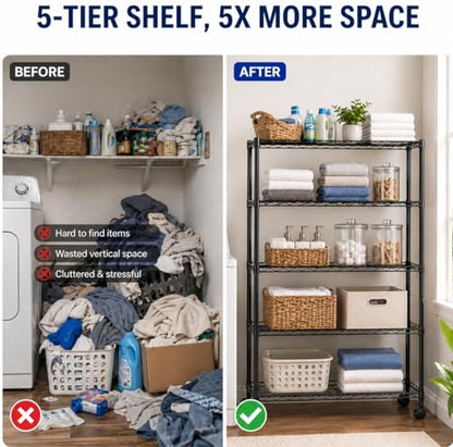 Simple Deluxe 5-Tier Heavy Duty Storage Shelving Unit, 1250 Lbs Loading Capacity, 29.92" W x 13.98" D x 61.02" H, Black - size: 5-Tier, 29.92"W x 13.98"D x 61.02"H