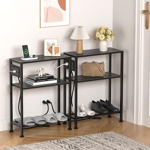 Small Narrow Side Table with Charging Station, Skinny End Table for Small Spaces, Slim Nightstand with Outlets, Sofa Bedside Table in Living Room, Bedroom, Study, Kitchen and Balcony(Grey) - color: Grey