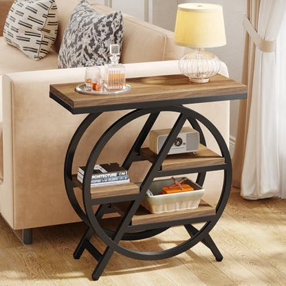 Tribesigns End Table Set of 2, 3-Tier Narrow Sofa Side Table with Storage for Living Room, Wood End Table with Geometric Metal Frame, Industrial Nightstand and Bedside Table for Bedroom, Light Brown - color: Light Brown