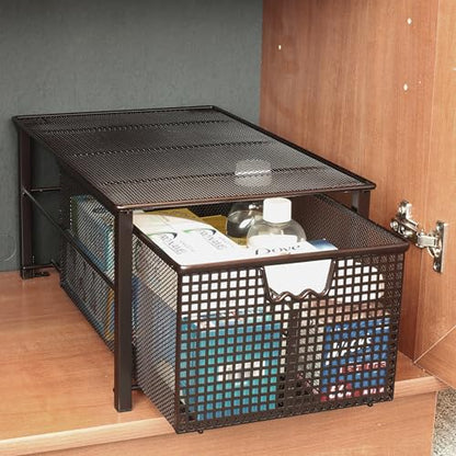 Deco Brothers Stackable Pull Out Cabinet Sliding Basket with Divider, Large | Under Sink Organizer, Bronze - color: Bronze