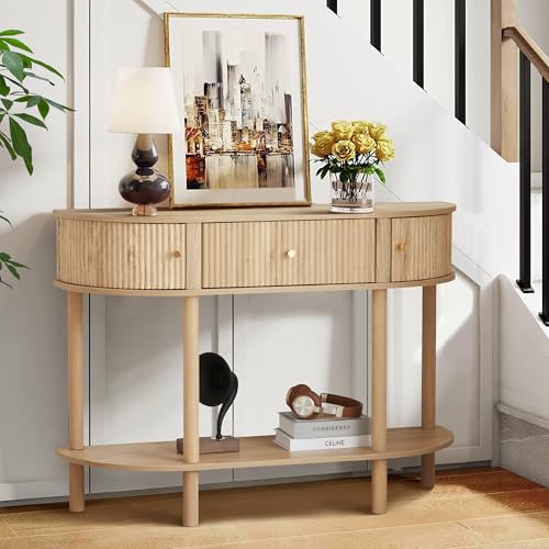 XUZENEST 43.3“ Fluted Half Moon Console Table, Modern Entryway Console Sofa Table with Storage, Narrow Wood Accent Tables Behind Couch Tables for Living Room, Hallway, Foyer(Natural) - color: 43.3 Half Moon Natural