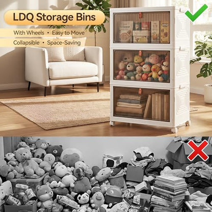 LDQ Storage Bins with Lids, 3 Tier 69QT Stackable Storage Cabinet, Foldable Closet Organizer with Doors & Wheels, Plastic Storage Drawers for Bedroom, Living Room, Bathroom