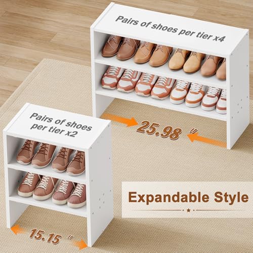 Hoctieon 3-Tier Expandable Shoe Shelf, Adjustable Shoe Shelf Storage Organizer, Stackable Iron Wood Combination Free Standing Shoe Rack for Entryway, Closet, Doorway, White - size: 1 Pack(3-Tier)