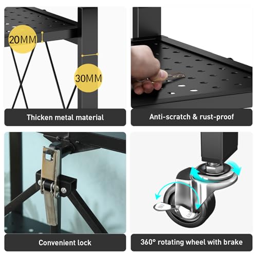 Foldable Storage Shelves with Wheels, Folding Shelving Units Storage, Heavy Duty Metal Collapsible Shelf No Assembly, Large Capacity Pop-Up Organizer for Garage,Kitchen,Living Room, 3-Tier Black
